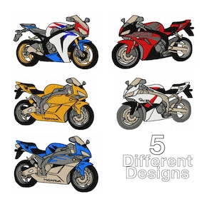 May include: Five embroidered motorcycle designs in various colours, including red, yellow, blue, and white. Each motorcycle features detailed stitching and the word "HONDA" on some. The image also includes the text "5 Different Designs".