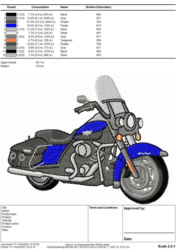 ハーレーダビッドソン FLHR ロードキング バイク刺繍デザイン 2 - 即時