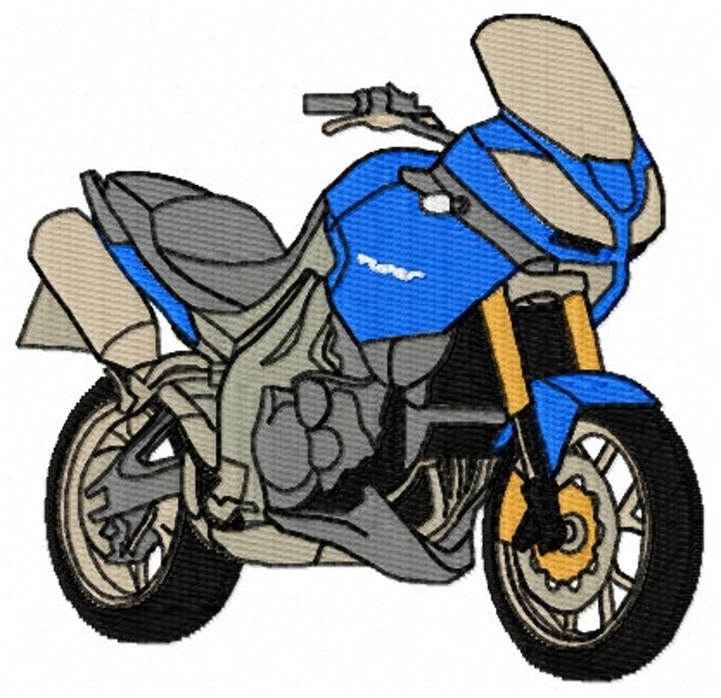 May include: A blue and gray motorcycle with a windshield and a black seat. The motorcycle has a black exhaust pipe and a black front tire.