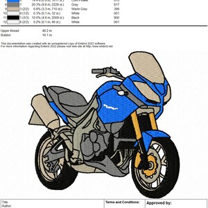 May include: A blue and gray motorcycle embroidery design with a black outline. The design includes a detailed illustration of a motorcycle with a windshield, handlebars, wheels, and a seat. The design is approximately 80.2 mm by 77.7 mm and contains 12941 stitches.