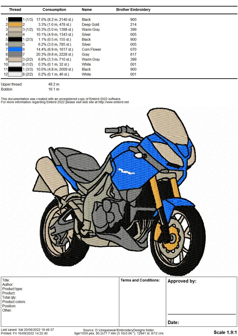 May include: A blue and gray motorcycle embroidery design with a black outline. The design includes a detailed illustration of a motorcycle with a windshield, handlebars, wheels, and a seat. The design is approximately 80.2 mm by 77.7 mm and contains 12941 stitches.
