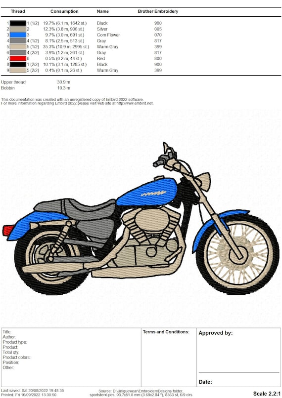 かりん Harley Davidson XL Sportster Motorbike Embroidery Design - Instant