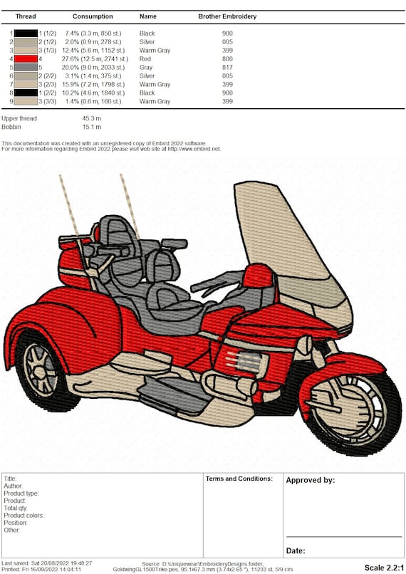 ゴールドウイング GL1500 トライク 刺繍デザイン - 即時ダウンロード