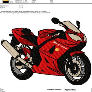 May include: A red and black motorcycle embroidery design with the text "Z-Tune" on the side. The design is 8.7 cm wide and 6.5 cm tall.