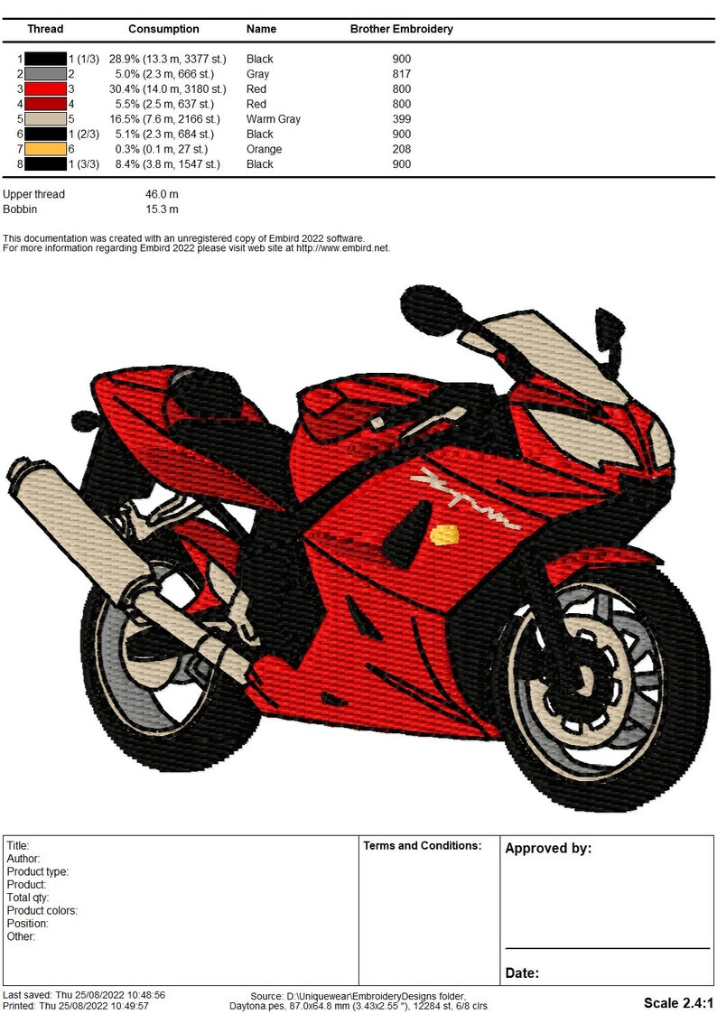 May include: A red and black motorcycle embroidery design with the text "Z-Tune" on the side. The design is 8.7 cm wide and 6.5 cm tall.