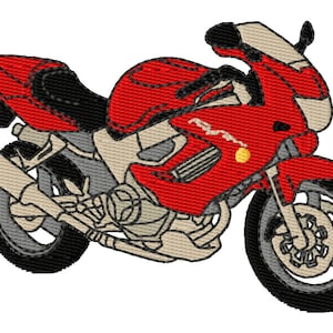 Könnte beinhalten: Ein rotes und graues Sportmotorrad mit schwarzem Sitz und silbernem Auspuff.