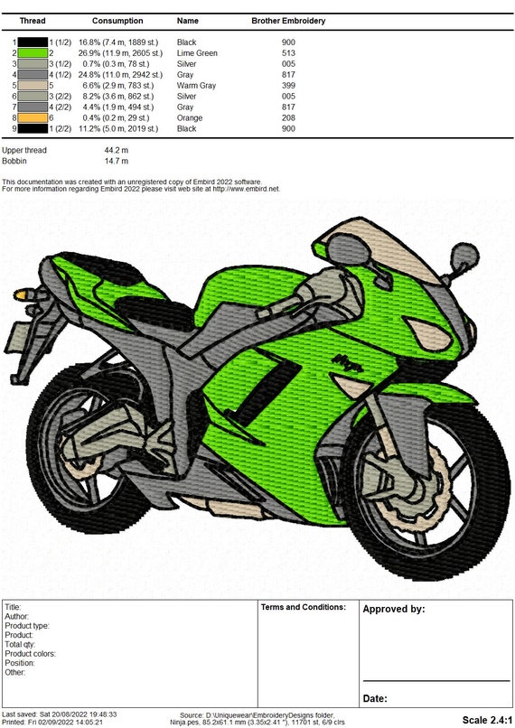 Kawasaki ZX-6R Ninja Motorbike Embroidery Design - Instant Kawasaki ZX-6R Ninja Motorbike Embroidery Design - Instant