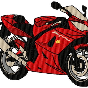 May include: A red sport motorcycle with a black seat and black wheels. The motorcycle has a black exhaust pipe and a black front fender.