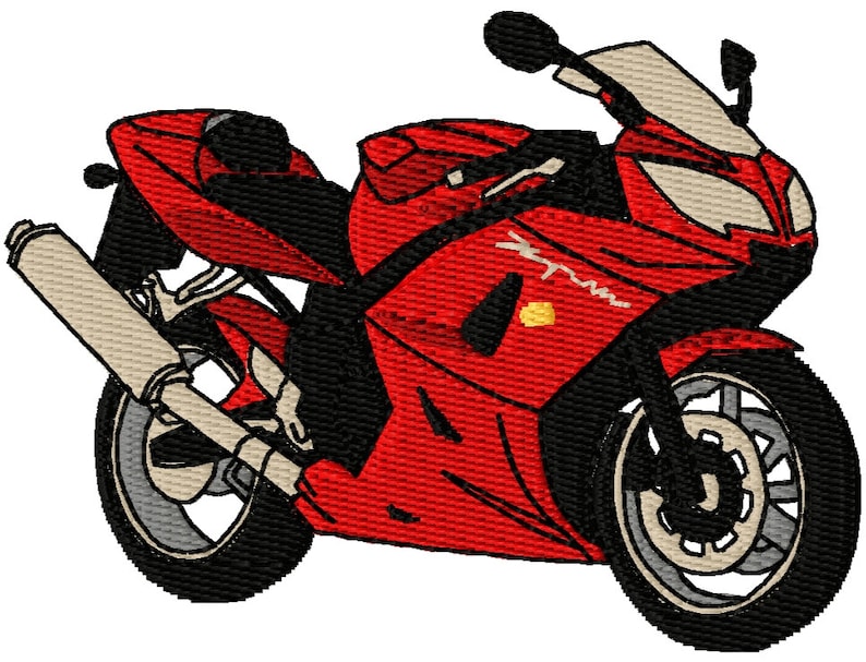 May include: A red sport motorcycle with a black seat and black wheels. The motorcycle has a black exhaust pipe and a black front fender.