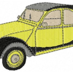 May include: A yellow and black vintage car with a rounded body style. The car has a black roof and black trim around the windows.