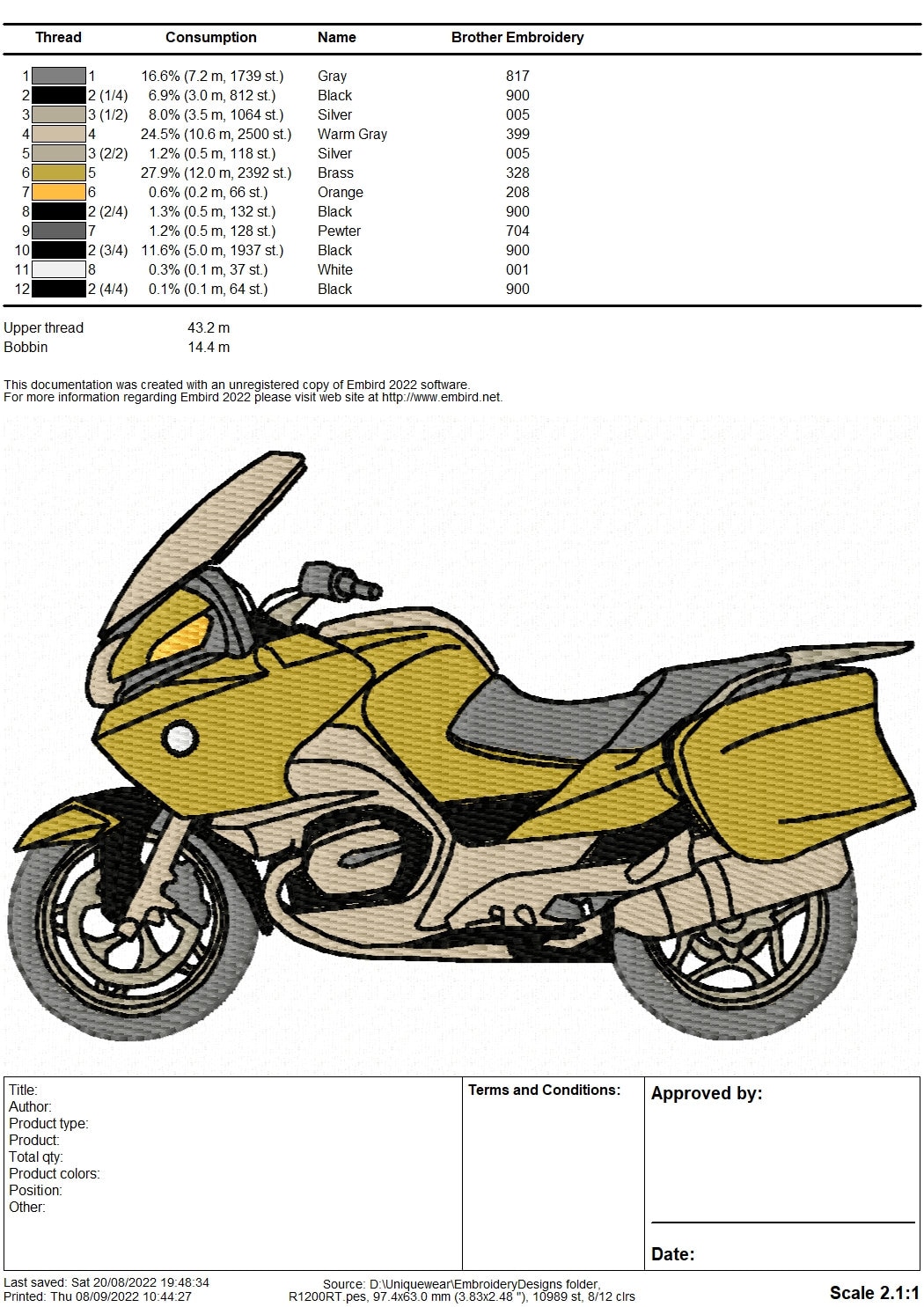 BMW R1200RT Motorbike Embroidery Design - Instant Download