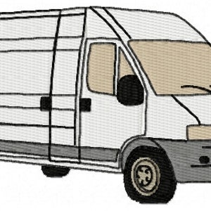 Puede incluir: Una furgoneta blanca de reparto con la puerta trasera cerrada y la puerta lateral abierta. La furgoneta tiene un parachoques negro y molduras negras alrededor de las ventanas.