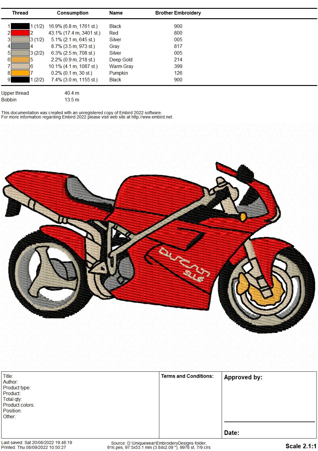 Ducati 916 Motorbike Embroidery Design - Instant Download