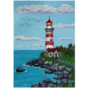 Faro símbolo de esperanza de bienestar ACEO Postal Original Artesanal ARTE Técnica mixta Firma del artista