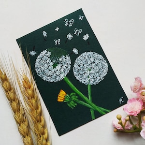 Dentes de leão e borboletas. Voo da liberdade. Imagem positiva ACEO Feito à mão por um artista ucraniano
