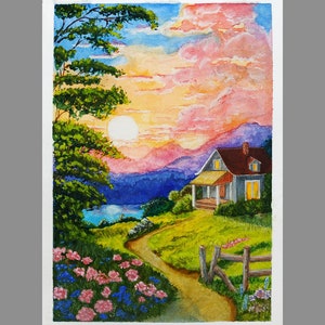 Warmer Sonnenuntergang. Mixed Media Aquarell, Gouache, etc. Format A5 - 8,3x5,8" Original Unterschrift der Künstlerin