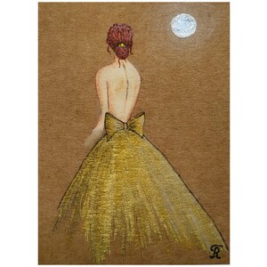 Vestido dorado en una noche de luna Cartón kraft original firmado por el artista