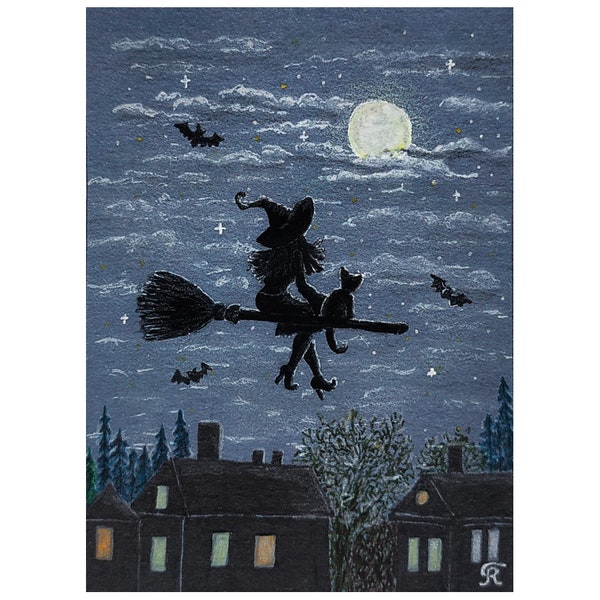 Nachtflug Hexe Schwarze Katze Mond Magische Nacht Gothic ACEO Fantasy Handgefertigtes Original Miniatur Gemälde Signatur von der Künstlerin Grafische Kunst