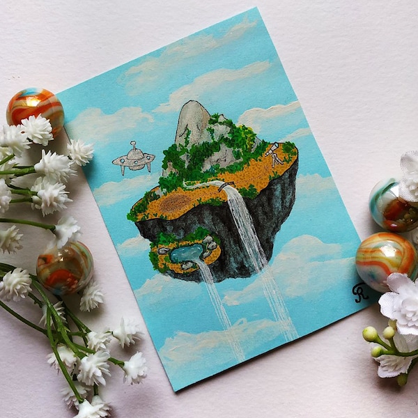 Life in the clouds. Flying Islands. UFO.Original ACEO Miniature handmade Fantasy