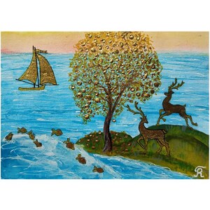Talisman van succes en welvaart. Geldboom goudvis herten zeilboot. Origineel