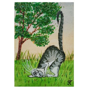 Gatto divertente. ACEO. Prankster purr-ecious. Pittura positiva. Fatto a mano. Artista ucraino.