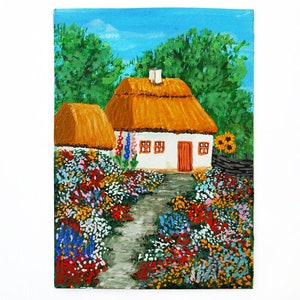 Capanna e fiori ucraini. ACEO Fiore Carta originale Miniatura Piccola mini-collezione. Immagine positiva. 100% fatto a mano dall'artista ucraino