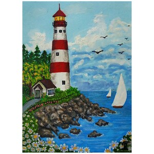 Faro - símbolo de esperanza de bienestar Veleros ACEO Postal Original ARTE Hecho a Mano Técnica mixta Firma del artista
