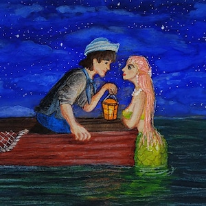 Appuntamento notturno con sirena ACEO, fantasia originale fatta a mano. Firmato dall’autore. Immagine positiva. Fatto a mano. Tecnica mista.