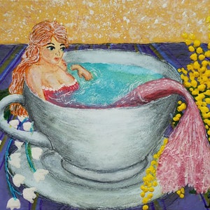 Meerjungfrau badet in einer Tasse ACEO Fantasy Handmade Original vom Künstler signiert.Mischtechnik.