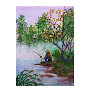 Pesca matutina. ACEO Flor Tarjeta original Miniatura Pequeña minicolección Gouache Art. Imagen positiva. 100% hecho a mano. Por artista ucraniano