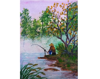 Morning fishing. ACEO Flower Original card Miniature Small mini-collection Gouache Art. Positive picture. 100% handmade. By Ukrainian artist