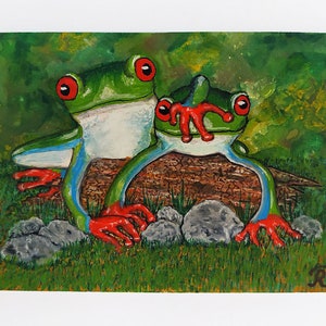 Dos ranas. Familia y amor. Calidad ACEO Postal original Miniatura Imagen positiva. 100% hecho a mano por artista ucraniano.