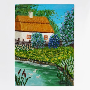 Capanna ucraina, lillà, anatra. ACEO Flower Original card Miniature Small mini-collection. Immagine positiva. 100% fatto a mano Da artista ucraino