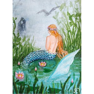 Une sirène sort de sa cachette ACEO Fantasy Original Signé par l'artiste