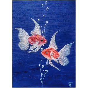 Dos peces de colores traen éxito en los asuntos financieros. Talismán de la suerte Original ACEO