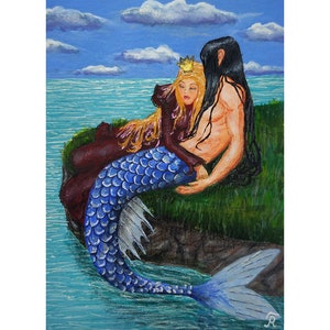 La princesse et le triton sortent avec un triton dans l'océan ACEO Fantasy Original. Signé par l'auteur. Image positive. Fait main. Technique mixte.
