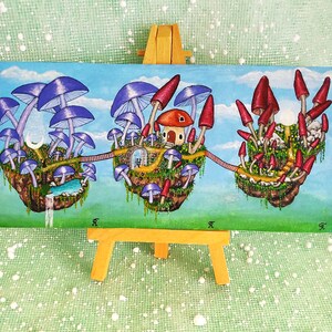TRITTICO Pianeta dei Funghi Isole Volanti Fantasy ARTE Originale ACEO Fatto a mano Firma dell'artista Venduto in set di tre quadri