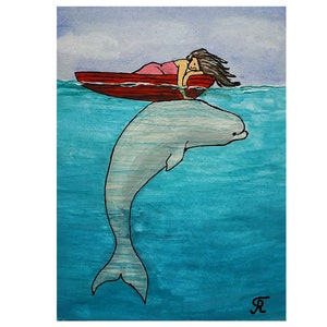 Aquatische harmonie. Rustige oceaan, walvis en meisje. Handgemaakt. ACEO. Gemengde techniek. Positief beeld Handtekening van de kunstenaar