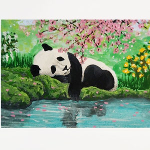 Il panda dorme in riva al lago. ACEO Flower Original card Miniature Small mini-collectiont. Positivo. 100% fatto a mano Da artista ucraino