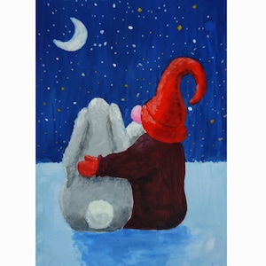 Nano e coniglio sono amici. Inverno, cielo notturno, ASEO Cartolina originale Immagine positiva 100% fatta a mano. Artista ucraino