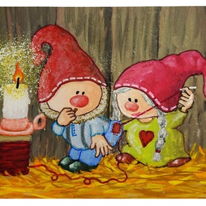 Linda familia de gnomos. Postal original ACEO de la más alta calidad. Miniatura. Una pequeña minicolección. 100% hecho a mano. Artista ucraniano.