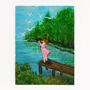 Ragazza e violino. ACEO Fiore Carta originale Miniatura Piccola mini-collezione Guazzo Art. Immagine positiva. 100% fatto a mano dall'artista ucraino