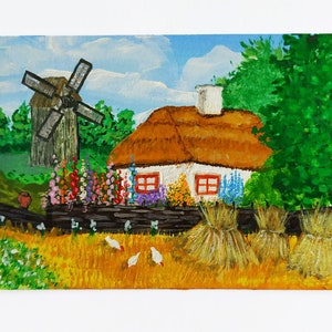 Cabane et moulin. ACEO Fleur Carte Originale Miniature Petite mini-collection Gouache Art. Image positive. 100% fait à la main. Par artiste ukrainien