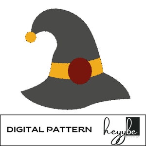 May include: A digital pattern of a witch's hat in grey, with a yellow band and a red circle. The hat has a yellow pom-pom and the text "DIGITAL PATTERN". The logo "heybe art/design" is also present.