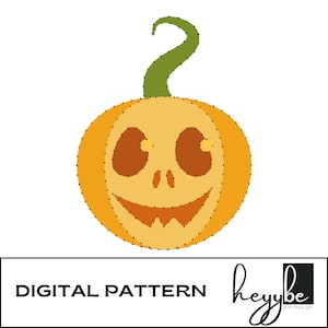 May include: A digital pattern of a smiling jack-o'-lantern with a green stem. The pumpkin is orange with a light orange face and a jagged mouth. The text "DIGITAL PATTERN" is below the pumpkin.