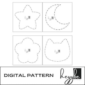 Könnte beinhalten: Ein digitales Musterdesign mit vier Formen: ein Stern, ein Halbmond, eine Blume und ein Katzenkopf. Jede Form ist mit kleinen Punkten umrandet. Der Text "DIGITAL PATTERN" wird darunter angezeigt, mit dem Logo "heybe art/design".