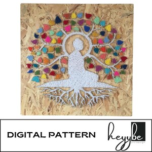 May include: String art piece featuring a white figure in a meditative pose, with a tree-like design. The tree's leaves are colorful, and the artwork is mounted on a wooden board. The words "DIGITAL PATTERN" are at the bottom.