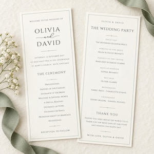 Op de afbeelding: Twee verticale trouwprogramma's met zwarte schreefletters op een crèmekleurige achtergrond, omlijst door een dunne saliegroene rand. De linkerkaart toont het ceremonieprogramma van Olivia en David, de rechterkaart somt de bruiloftsgasten op.