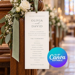 Könnte beinhalten: Eine 4 mal 9 Zoll große Hochzeitszeremonie-Programmkarte mit schwarzem Text auf weißem Hintergrund, die die Namen Olivia und David, das Datum 12. September 2027 und den Ablauf der Zeremonie zeigt, hängend an einer Kirchenbank mit Blumen und grünem Band.