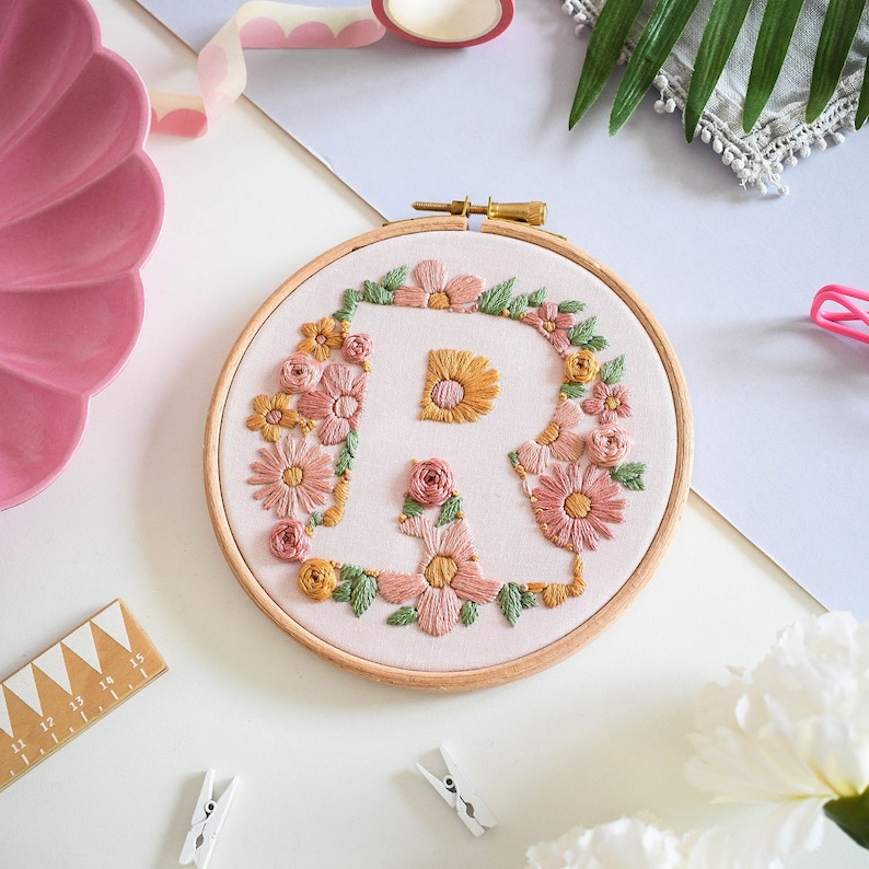 Coloured Fabric Floral Initial Embroidery Kit / Beginner embroidery kit / Flower embroidery kit / Embroidery kit for beginners image 2